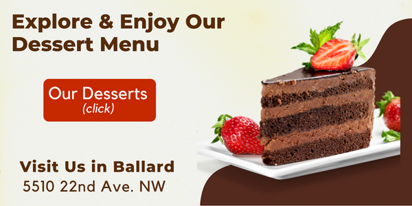 Piece of chocolate cake, button to view menu, and store address